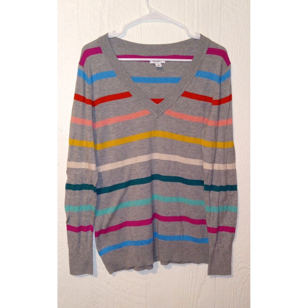 Old Navy V-Neck Sweater Womens Large Grey Multi-Color Rainbow Stripe Fine Gauge